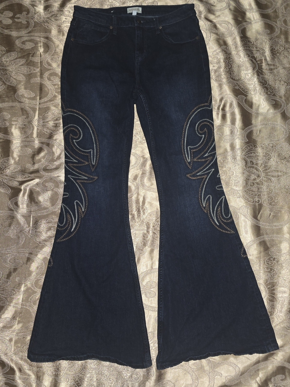 Shyanne Dark Blue Embroidered Flare Bell Bottom Jeans - Women